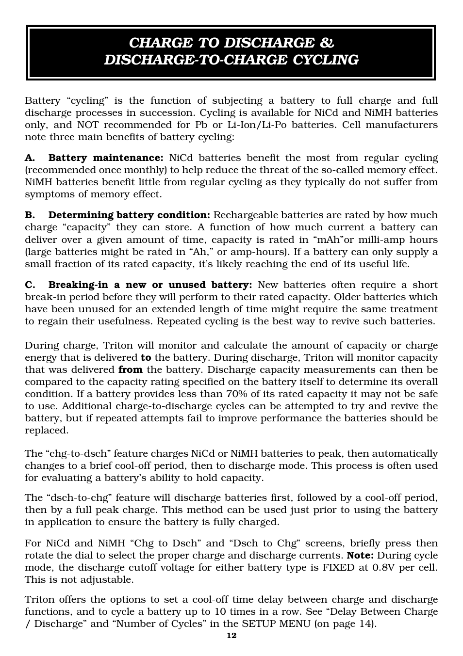 Charge to discharge & discharge-to-charge cycling | Great Planes Triton Charger - GPMM3150 User Manual | Page 12 / 28