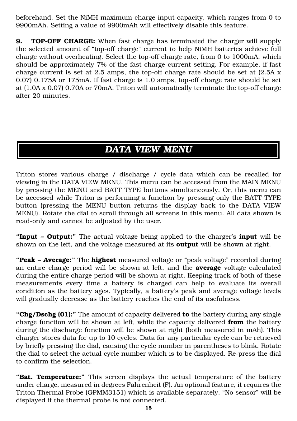 Data view menu | Great Planes Triton Charger - GPMM3150 User Manual | Page 15 / 28