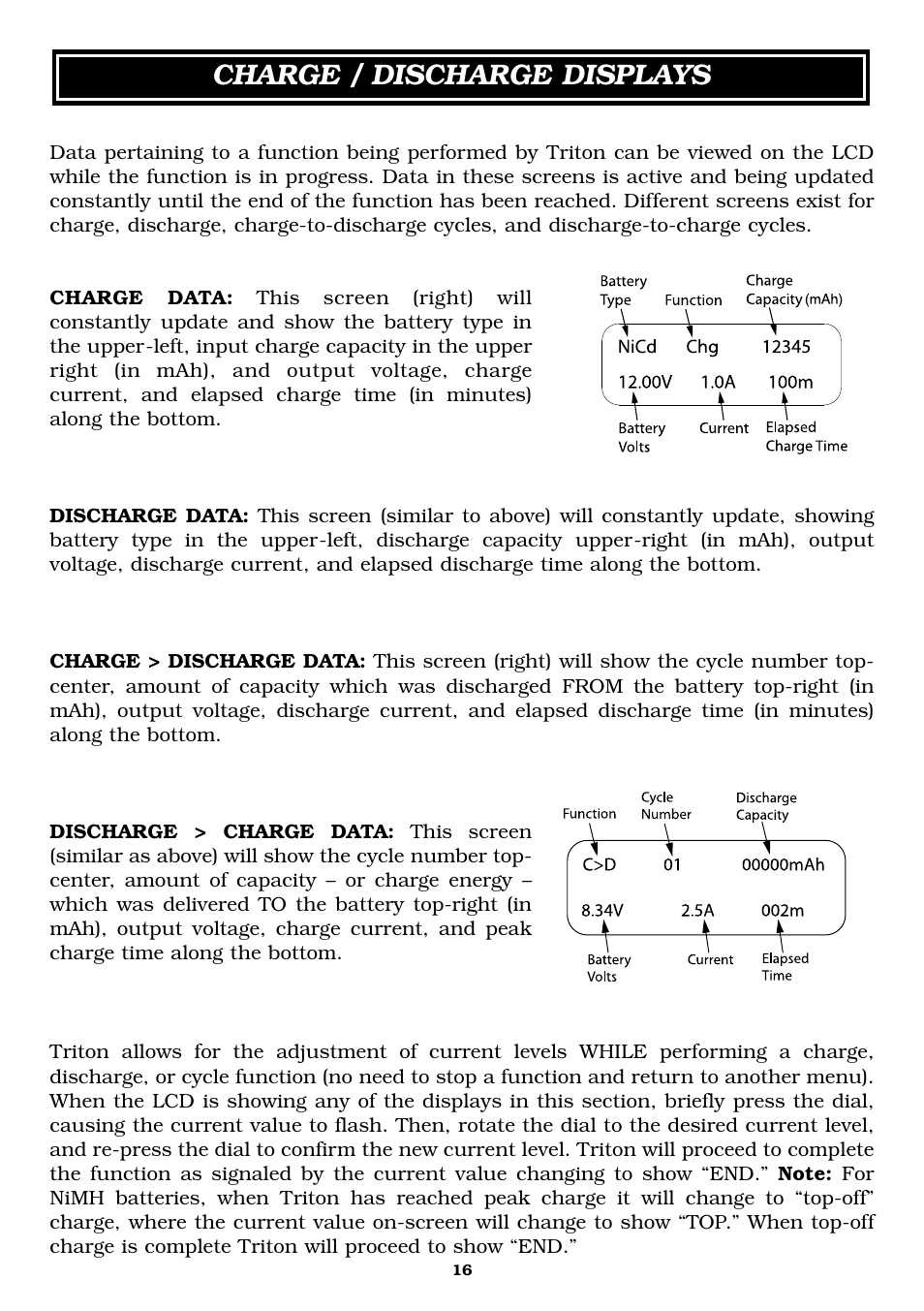 Charge / discharge displays | Great Planes Triton Charger - GPMM3150 User Manual | Page 16 / 28