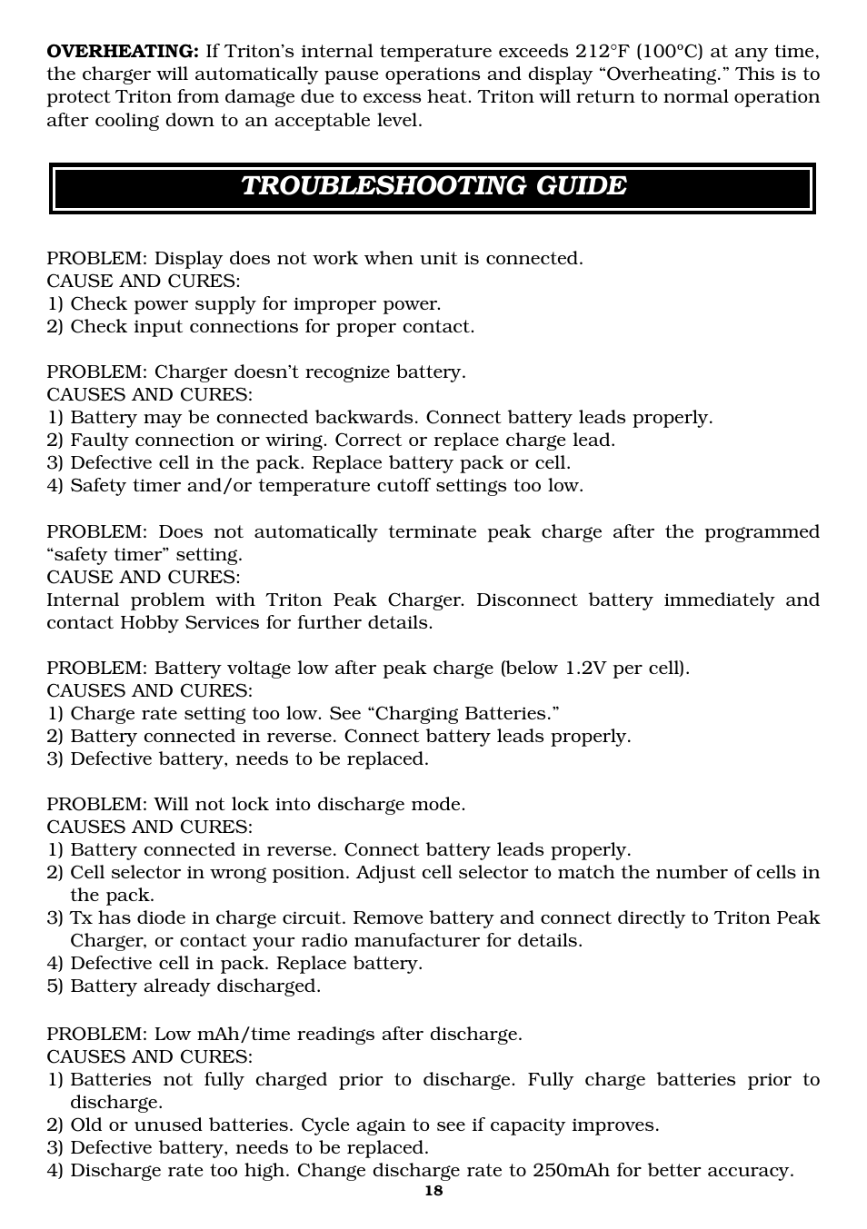 Troubleshooting guide | Great Planes Triton Charger - GPMM3150 User Manual | Page 18 / 28