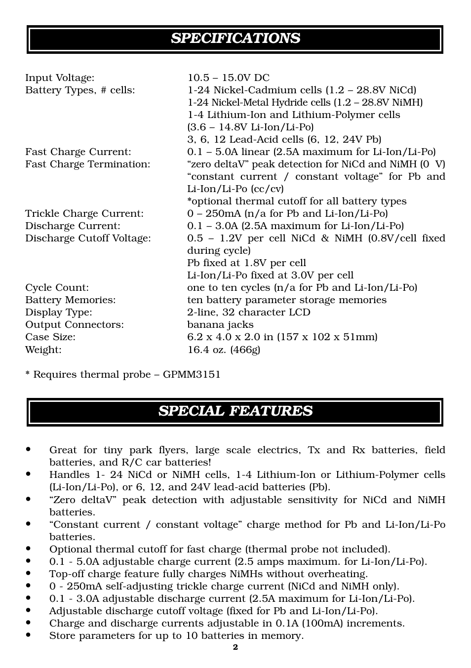 Special features specifications | Great Planes Triton Charger - GPMM3150 User Manual | Page 2 / 28