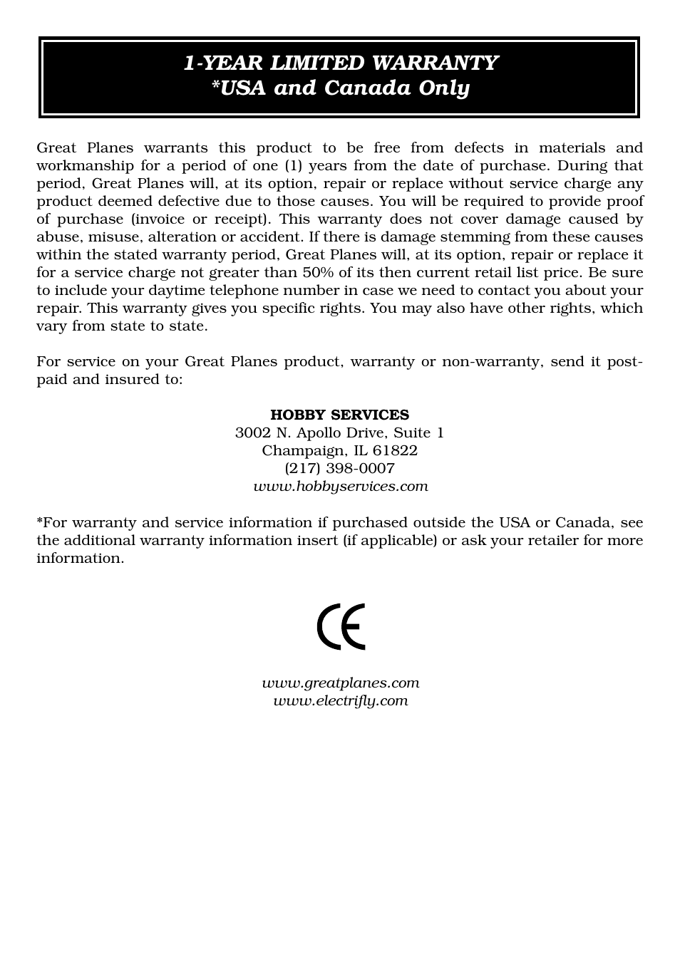 Year limited warranty *usa and canada only | Great Planes Triton Charger - GPMM3150 User Manual | Page 20 / 28