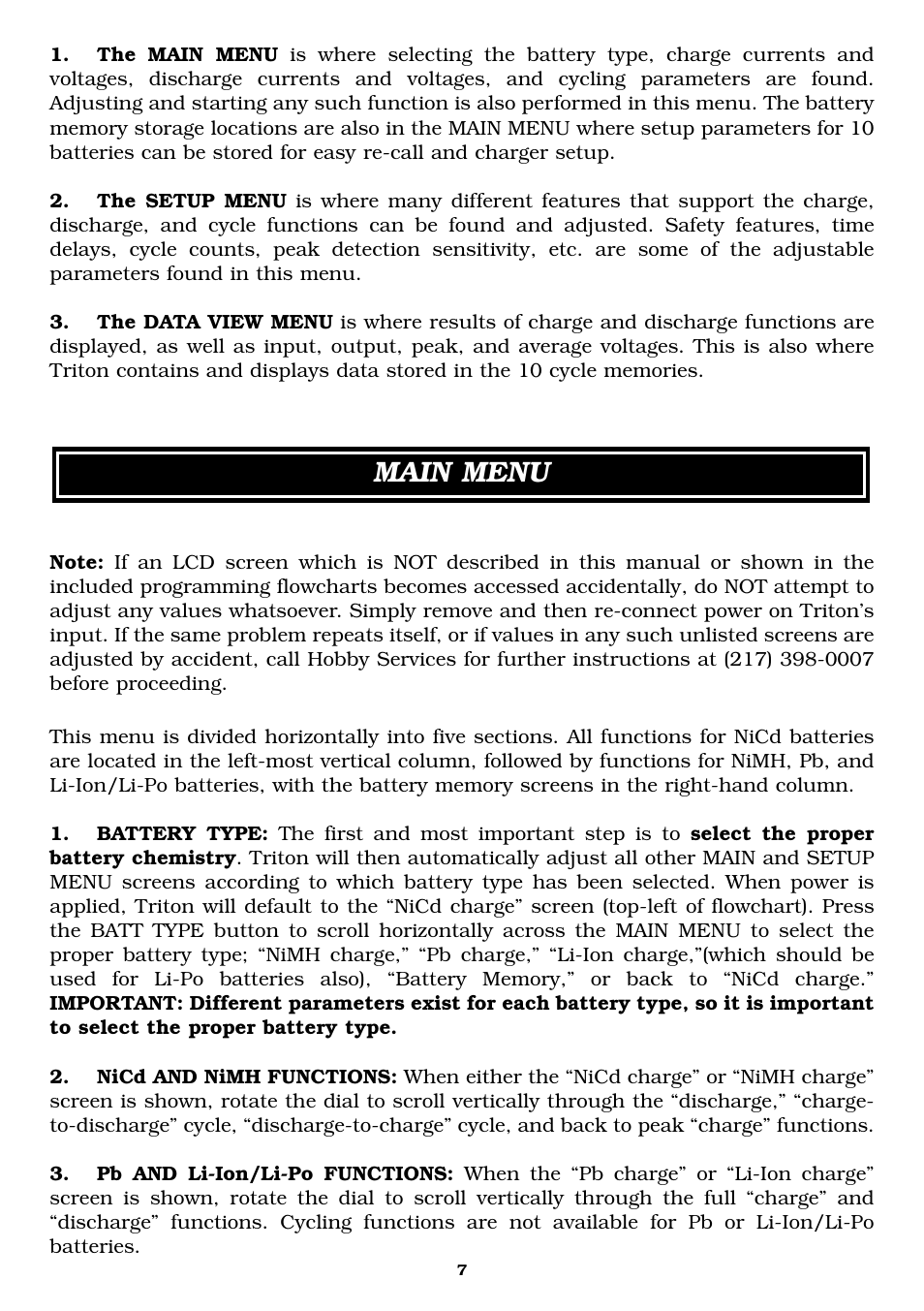 Main menu | Great Planes Triton Charger - GPMM3150 User Manual | Page 7 / 28