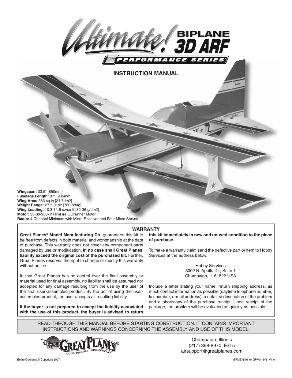 Great Planes Ultimate 3D E-Performance ARF - GPMA1546 User Manual | 28 pages