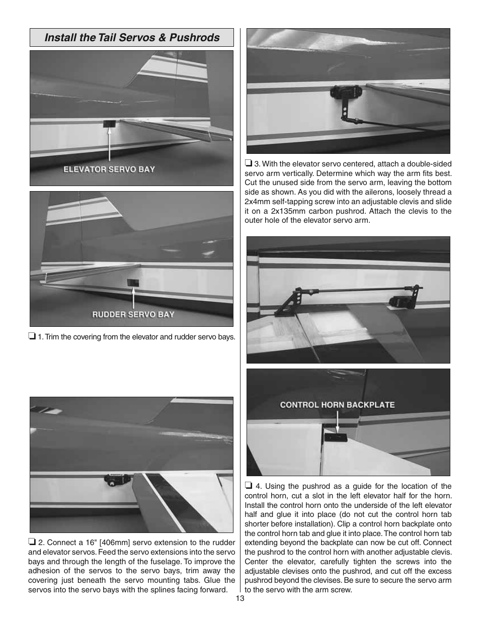 Install the tail servos & pushrods | Great Planes Ultimate 3D E-Performance ARF - GPMA1546 User Manual | Page 13 / 28