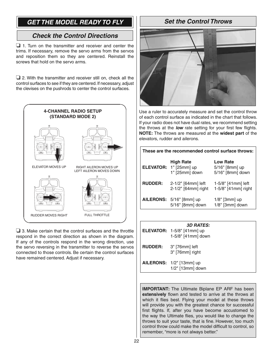 Set the control throws | Great Planes Ultimate 3D E-Performance ARF - GPMA1546 User Manual | Page 22 / 28