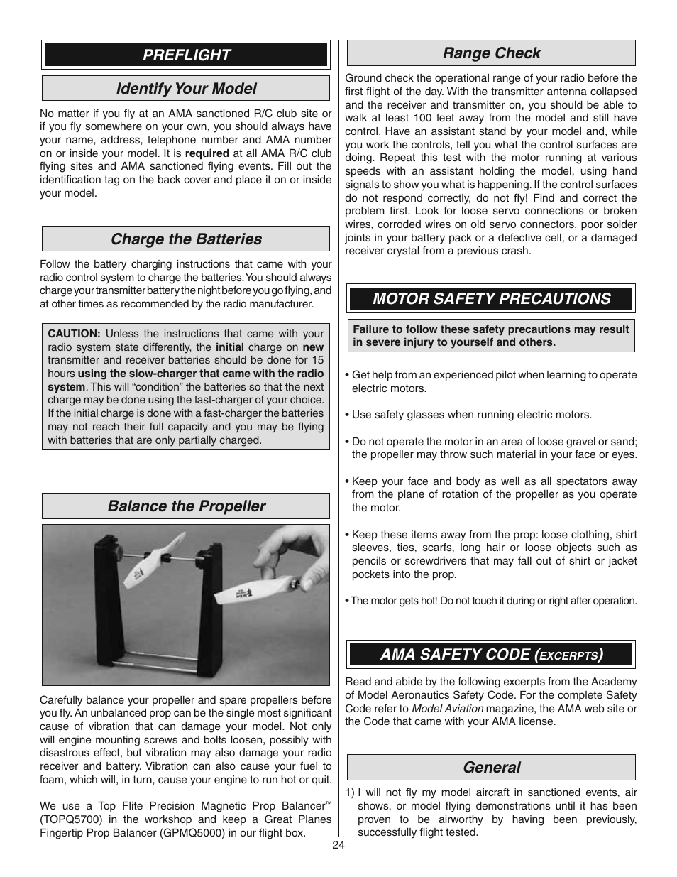 Preflight identify your model, Charge the batteries, Balance the propeller | Range check, Motor safety precautions, Ama safety code, General | Great Planes Ultimate 3D E-Performance ARF - GPMA1546 User Manual | Page 24 / 28