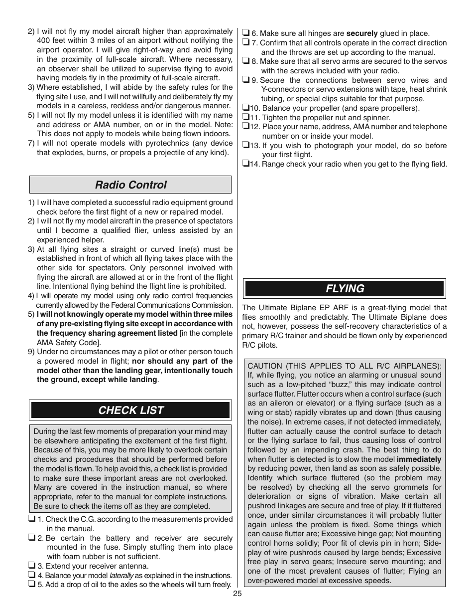 Radio control, Check list, Flying | Great Planes Ultimate 3D E-Performance ARF - GPMA1546 User Manual | Page 25 / 28