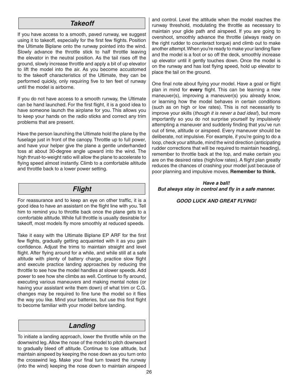 Takeoff, Flight, Landing | Great Planes Ultimate 3D E-Performance ARF - GPMA1546 User Manual | Page 26 / 28
