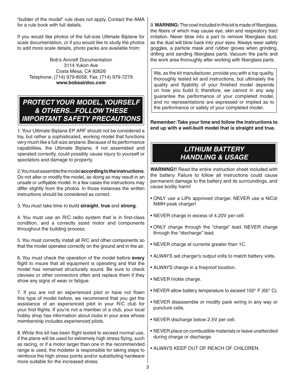Lithium battery handling & usage | Great Planes Ultimate 3D E-Performance ARF - GPMA1546 User Manual | Page 3 / 28