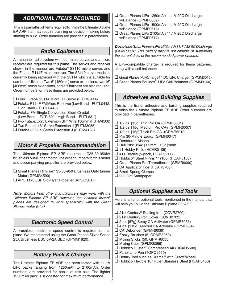 Additional items required, Radio equipment, Motor & propeller recommendation | Electronic speed control, Battery pack & charger, Adhesives and building supplies, Optional supplies and tools | Great Planes Ultimate 3D E-Performance ARF - GPMA1546 User Manual | Page 4 / 28