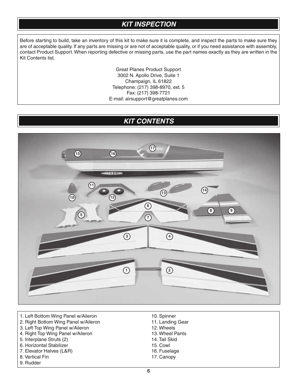 Kit inspection, Kit contents | Great Planes Ultimate 3D E-Performance ARF - GPMA1546 User Manual | Page 6 / 28