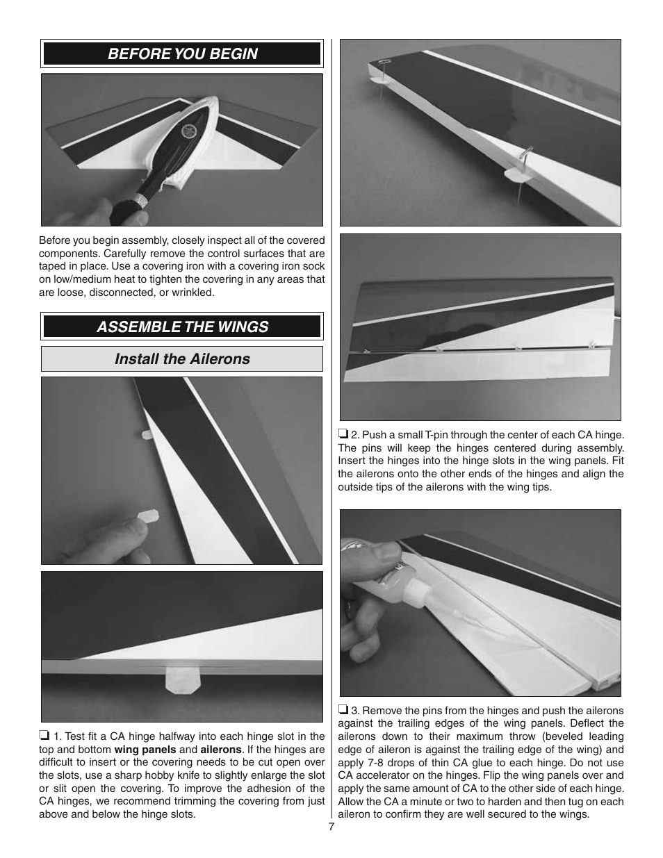 Before you begin, Assemble the wings install the ailerons | Great Planes Ultimate 3D E-Performance ARF - GPMA1546 User Manual | Page 7 / 28