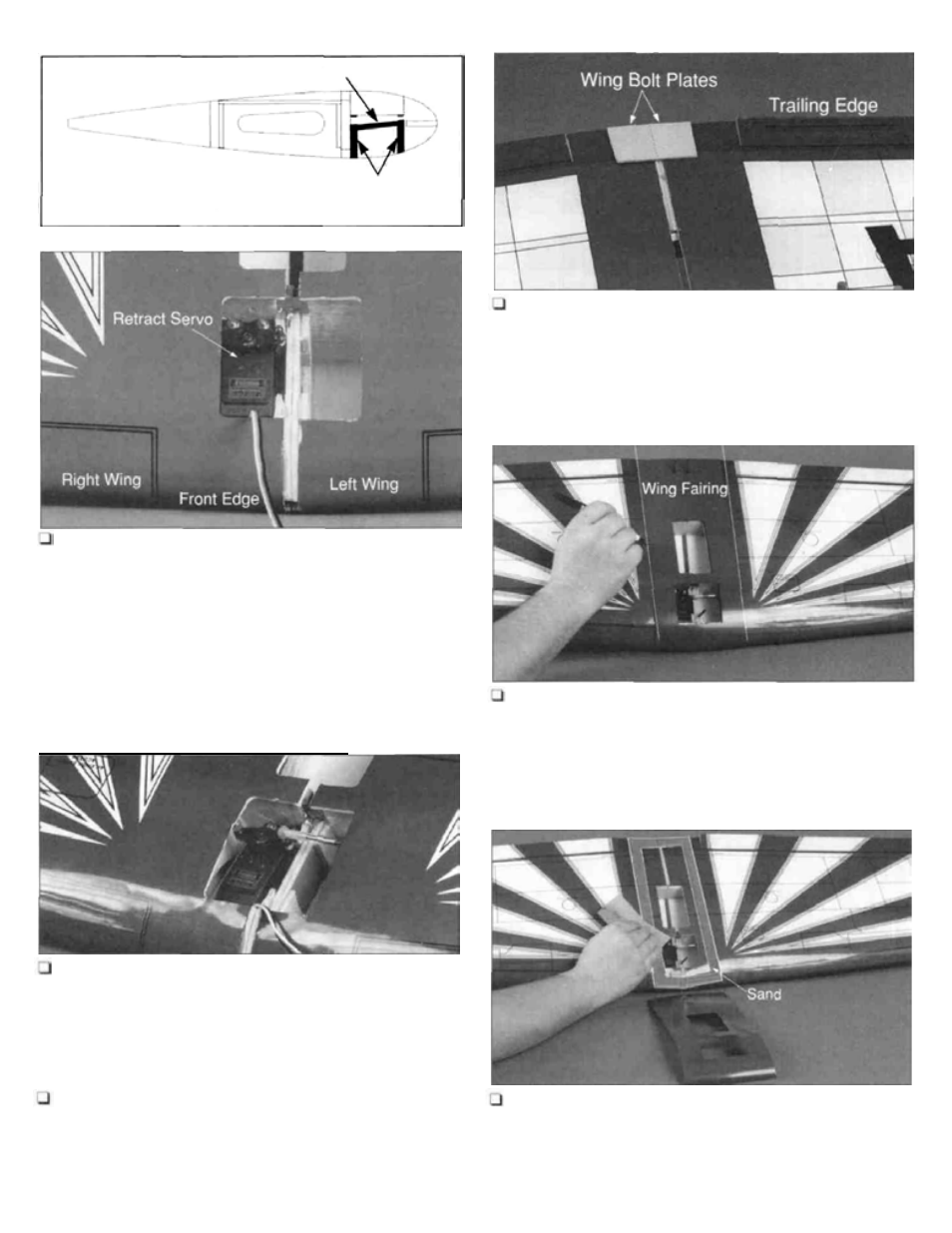 Install the retract servo, Mount the wing bolt plates, Prepare the wing fairing | Connect the retract linkage, Sand the fairing and wing | Great Planes Ultra Sport 40 ARF Red - GPMA1005 User Manual | Page 11 / 31