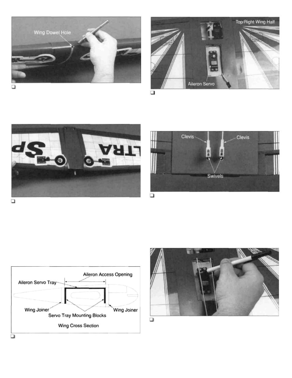 Aileron assembly, Insert the wing dowel, Connect the clevises | Connect the pushrods to the servo | Great Planes Ultra Sport 40 ARF Red - GPMA1005 User Manual | Page 12 / 31