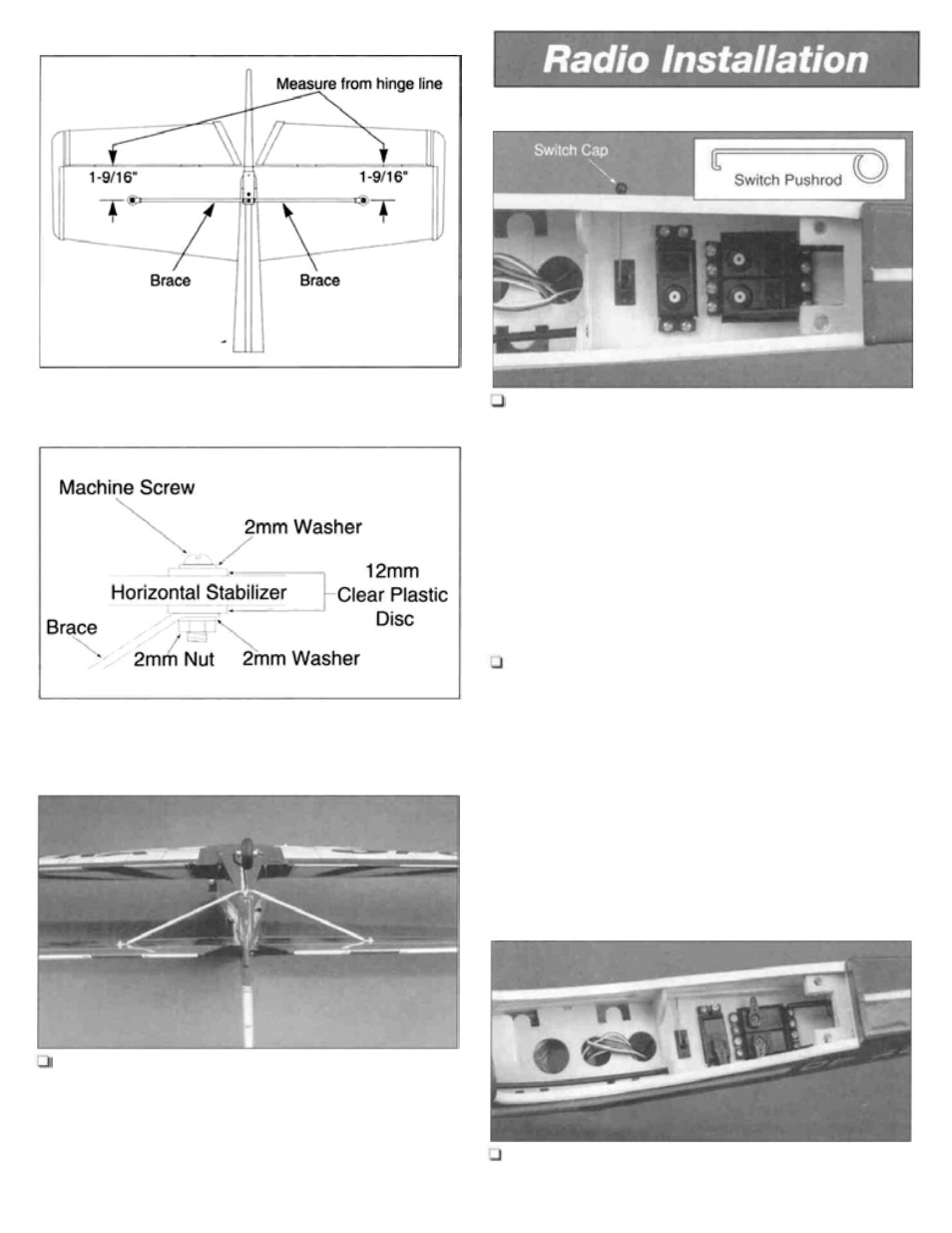 Brace attachment detail, Connect brace to the stabilizer, Modify the servo control arms | Great Planes Ultra Sport 40 ARF Red - GPMA1005 User Manual | Page 19 / 31