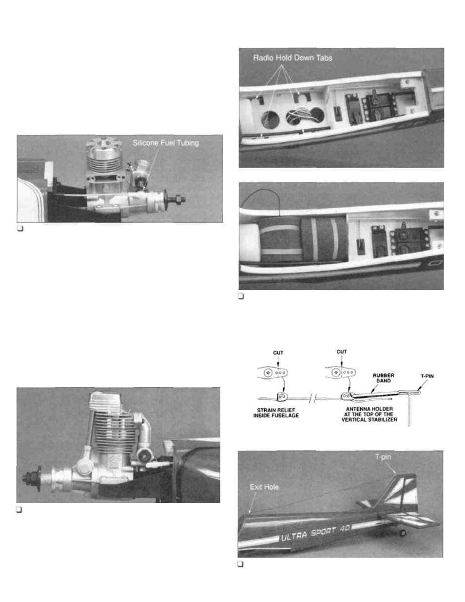 Receiver installation, Connect the throttle linkage, Install receiver and battery | Attach the antenna | Great Planes Ultra Sport 40 ARF Red - GPMA1005 User Manual | Page 22 / 31