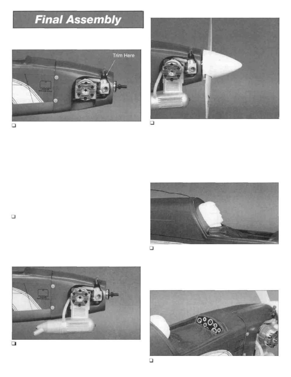 Mount the cowling, Mount the prop and spinner, Install the pilot | Install the muffler, Mount the instrument panel | Great Planes Ultra Sport 40 ARF Red - GPMA1005 User Manual | Page 24 / 31