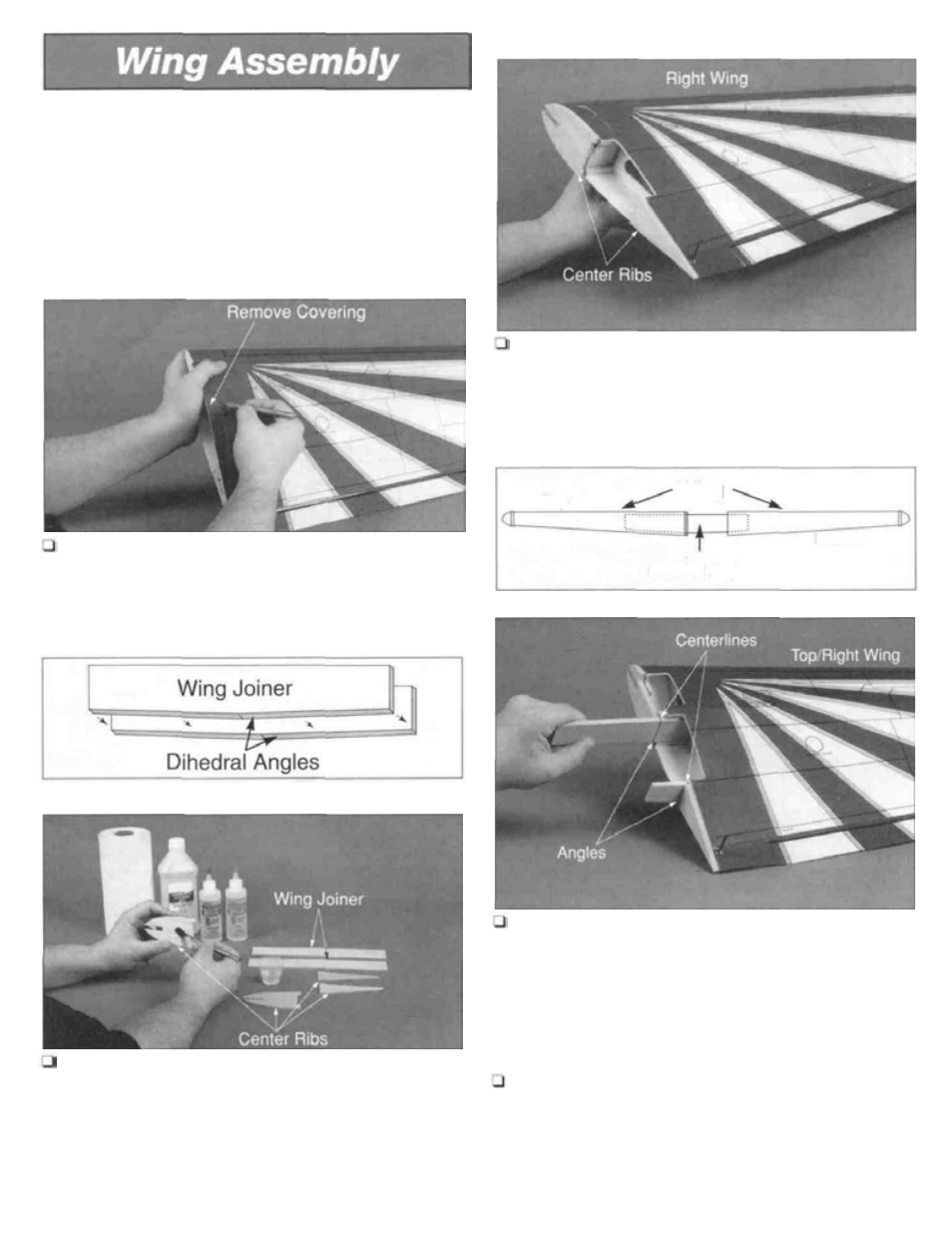 Center ribs and wing joiners fixed gear (option a), Remove the foam covering, Glue the center rib on the wing | Glue the wing joiners into the wing, Wing, Glue the center ribs & wing joiners | Great Planes Ultra Sport 40 ARF Red - GPMA1005 User Manual | Page 6 / 31