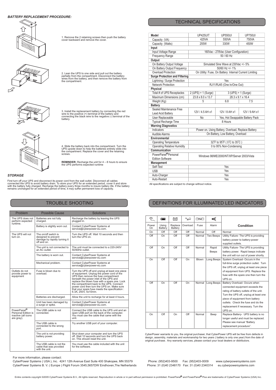 Trouble shooting technical specifications | CyberPower Systems Utility Tower Plus Series UPS UP425UIT User Manual | Page 2 / 2