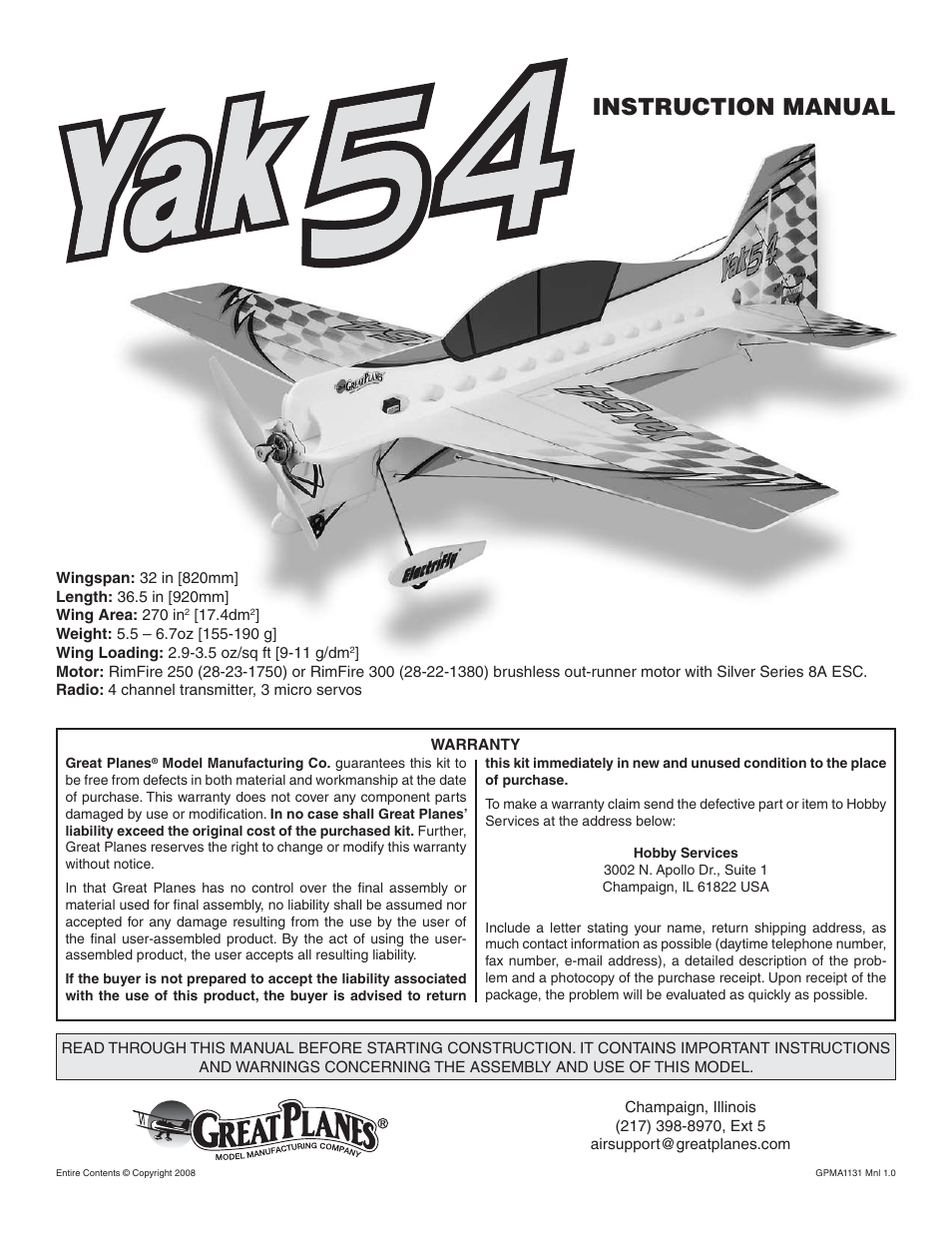 Great Planes Yak-54 3D Indoor EP ARF - GPMA1131 User Manual | 24 pages