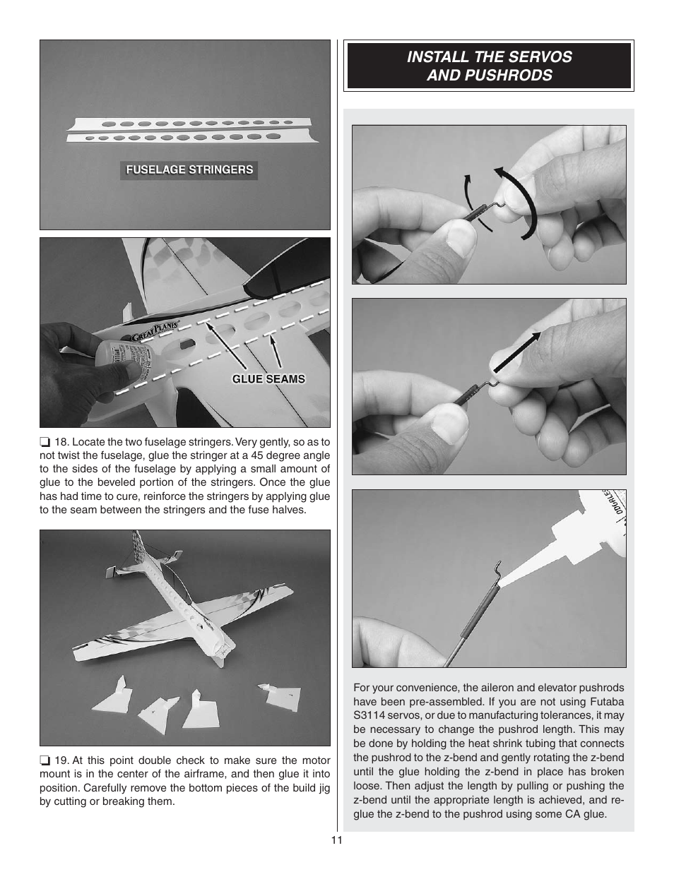 Install the servos and pushrods | Great Planes Yak-54 3D Indoor EP ARF - GPMA1131 User Manual | Page 11 / 24