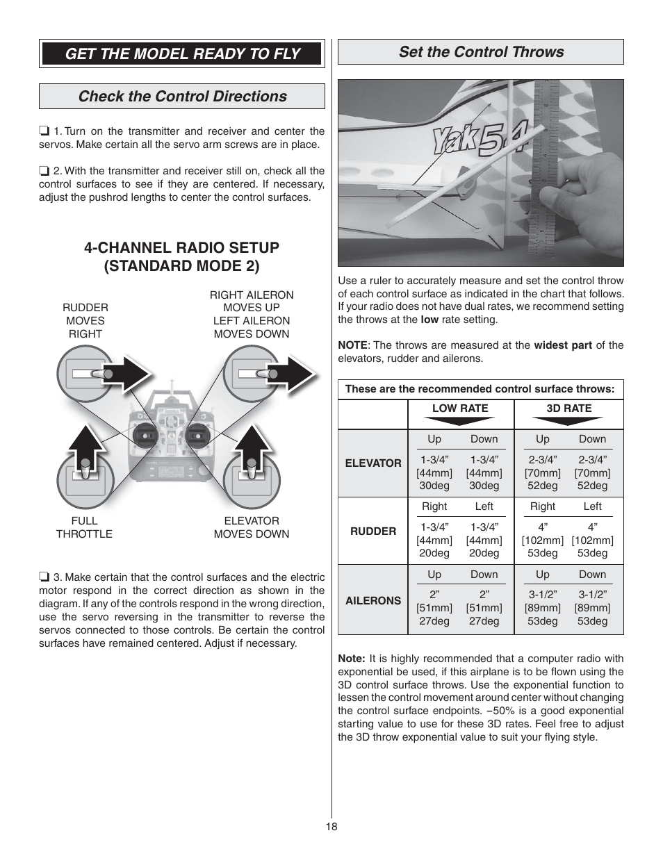Channel radio setup (standard mode 2), Set the control throws | Great Planes Yak-54 3D Indoor EP ARF - GPMA1131 User Manual | Page 18 / 24