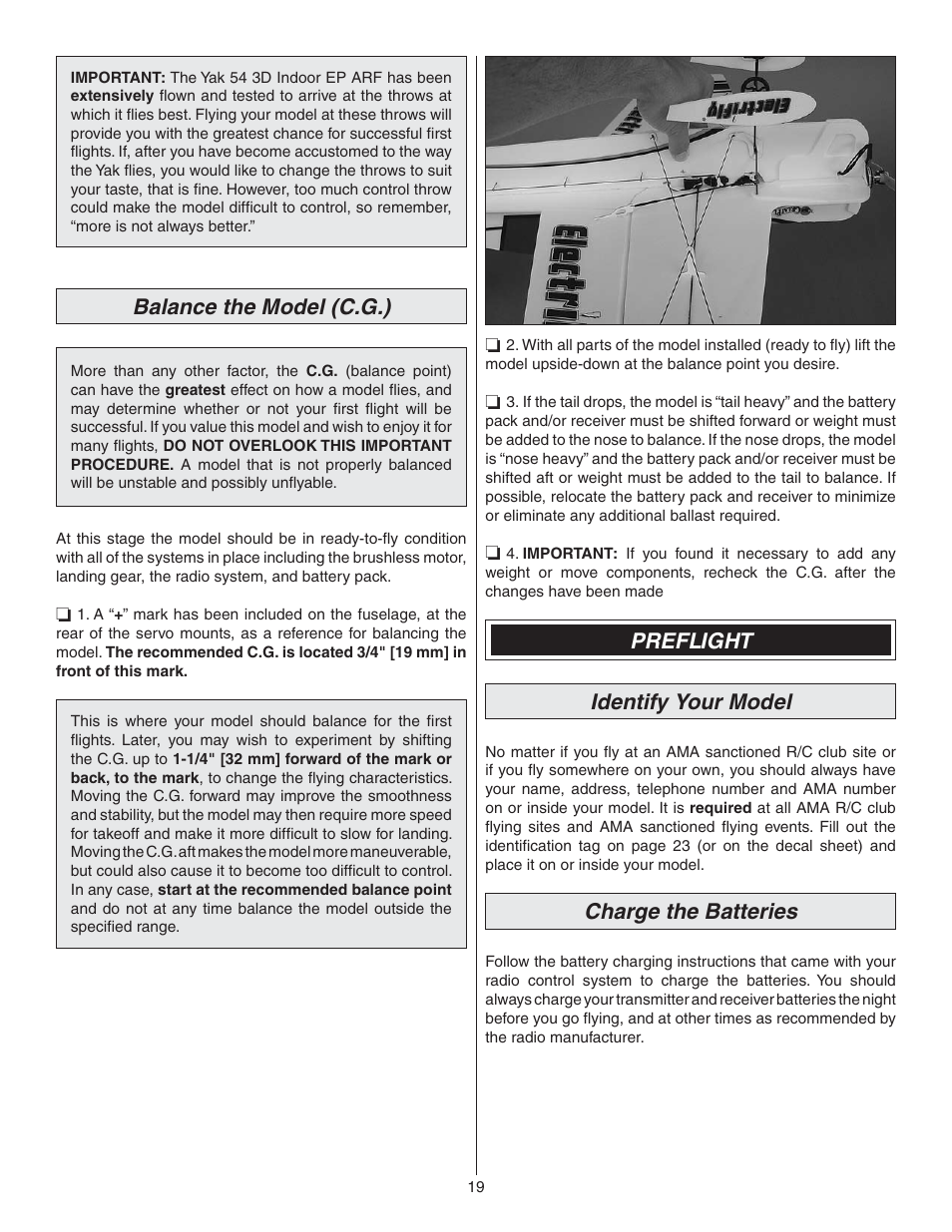 Balance the model (c.g.), Preflight identify your model, Charge the batteries | Great Planes Yak-54 3D Indoor EP ARF - GPMA1131 User Manual | Page 19 / 24