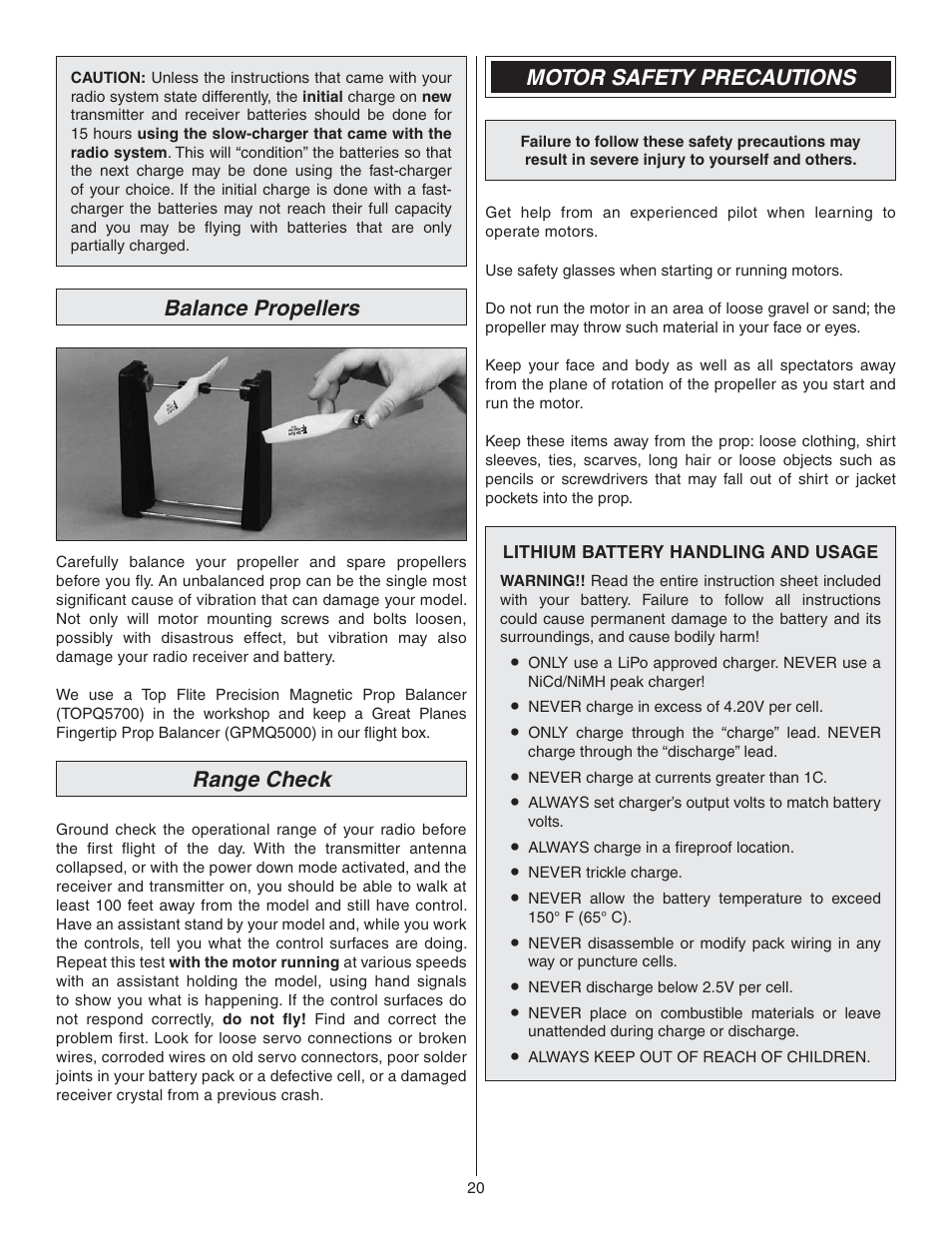 Balance propellers, Range check, Motor safety precautions | Great Planes Yak-54 3D Indoor EP ARF - GPMA1131 User Manual | Page 20 / 24