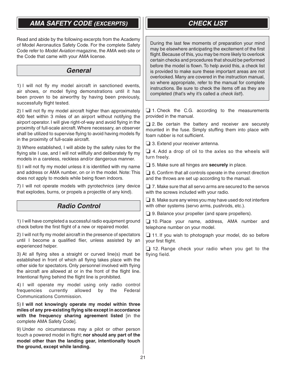 Ama safety code, General, Radio control | Check list | Great Planes Yak-54 3D Indoor EP ARF - GPMA1131 User Manual | Page 21 / 24