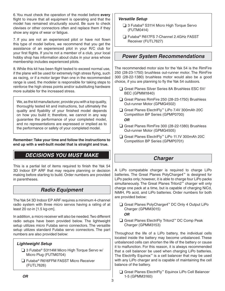 Decisions you must make, Radio equipment, Power system recommendations | Charger | Great Planes Yak-54 3D Indoor EP ARF - GPMA1131 User Manual | Page 3 / 24