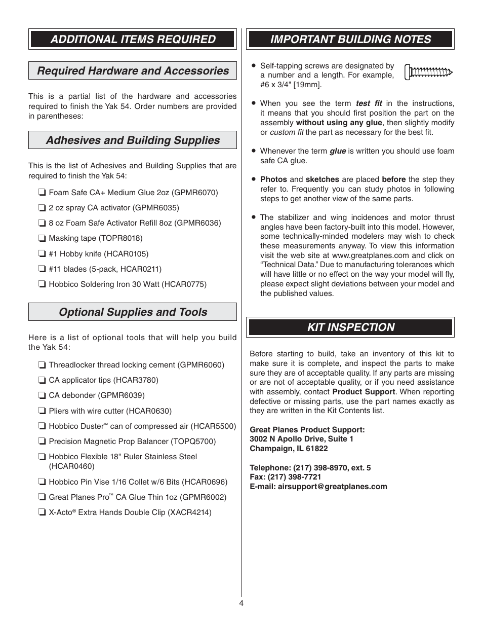 Adhesives and building supplies, Optional supplies and tools, Kit inspection | Great Planes Yak-54 3D Indoor EP ARF - GPMA1131 User Manual | Page 4 / 24