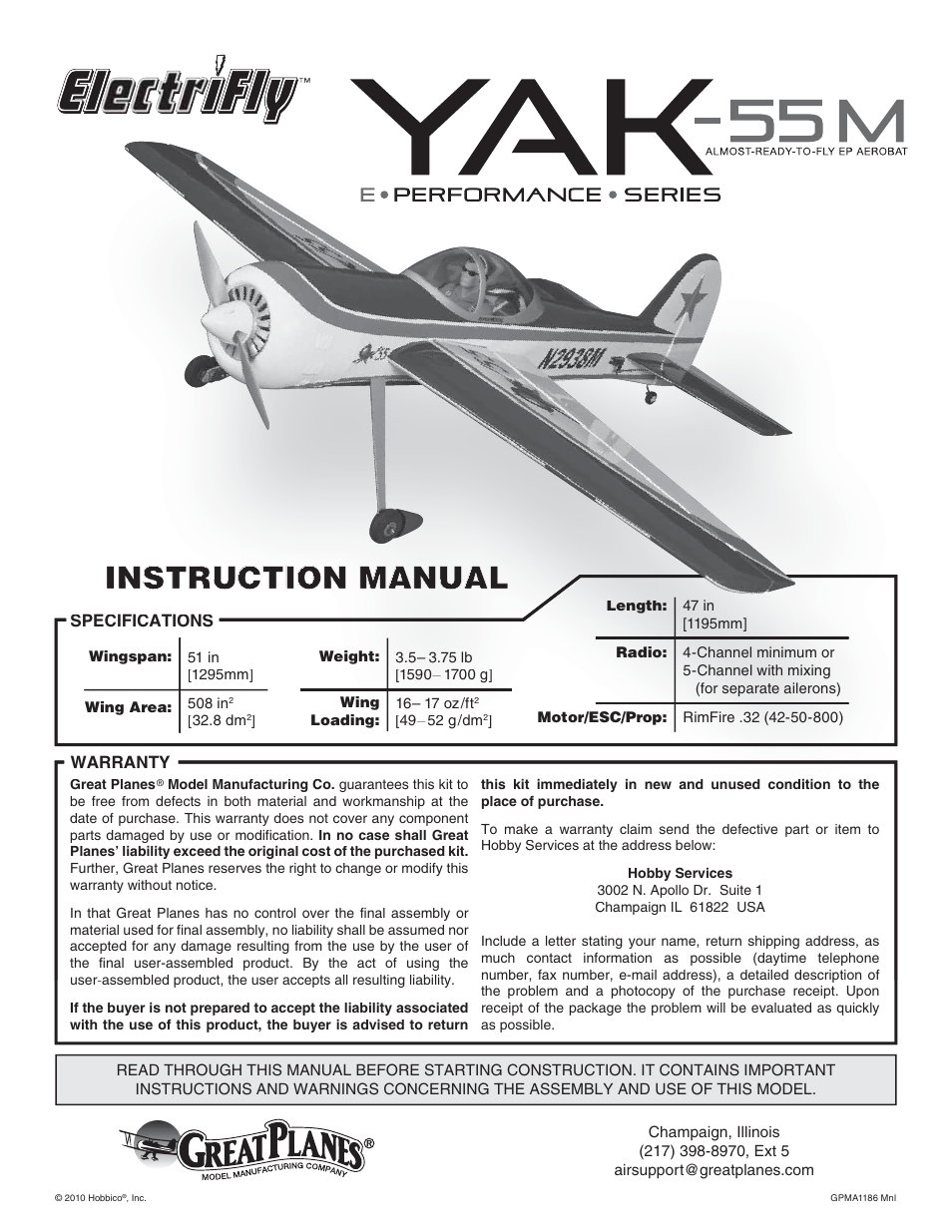 Great Planes Yak-55M EP ARF - GPMA1186 User Manual | 20 pages