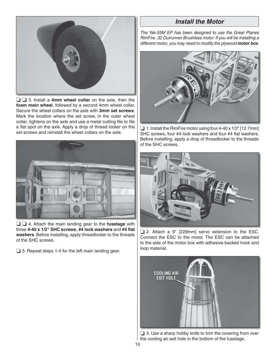 Install the motor | Great Planes Yak-55M EP ARF - GPMA1186 User Manual | Page 10 / 20