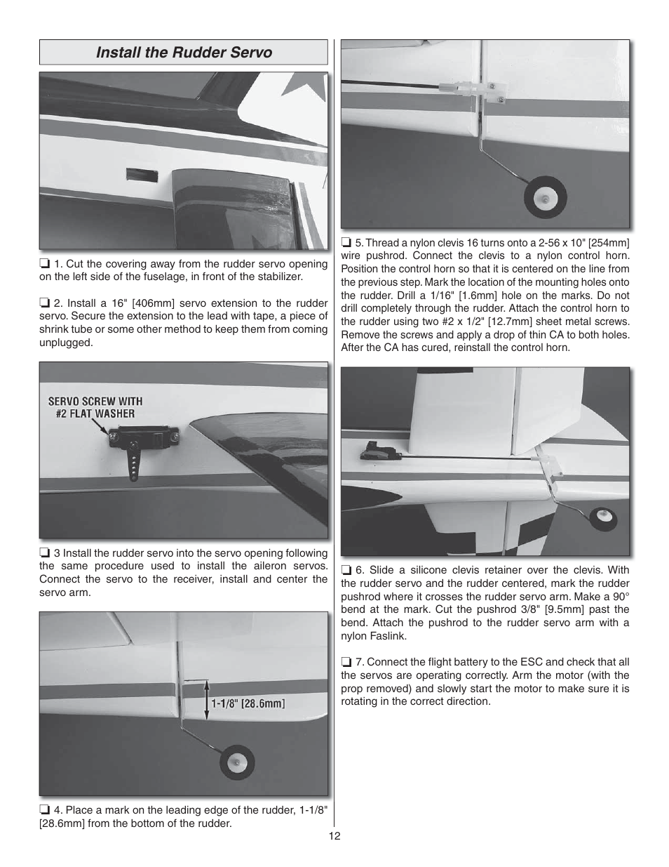 Install the rudder servo | Great Planes Yak-55M EP ARF - GPMA1186 User Manual | Page 12 / 20