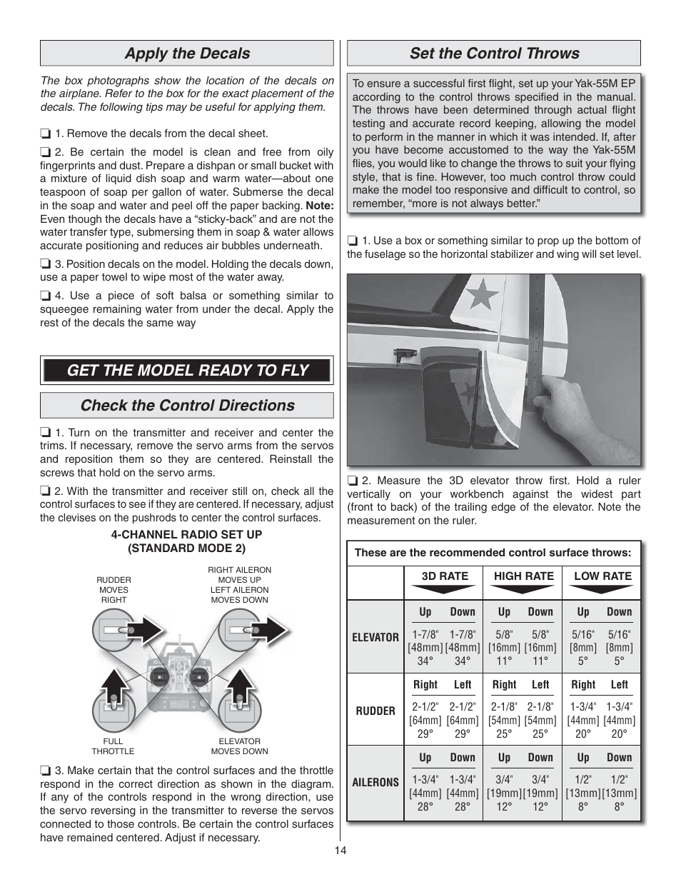 Apply the decals, Set the control throws | Great Planes Yak-55M EP ARF - GPMA1186 User Manual | Page 14 / 20