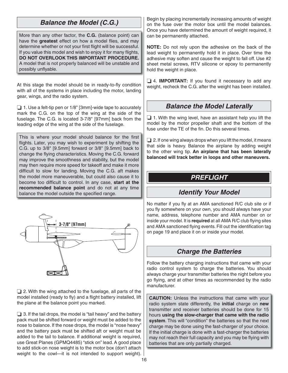 Balance the model (c.g.), Balance the model laterally, Preflight identify your model | Charge the batteries | Great Planes Yak-55M EP ARF - GPMA1186 User Manual | Page 16 / 20