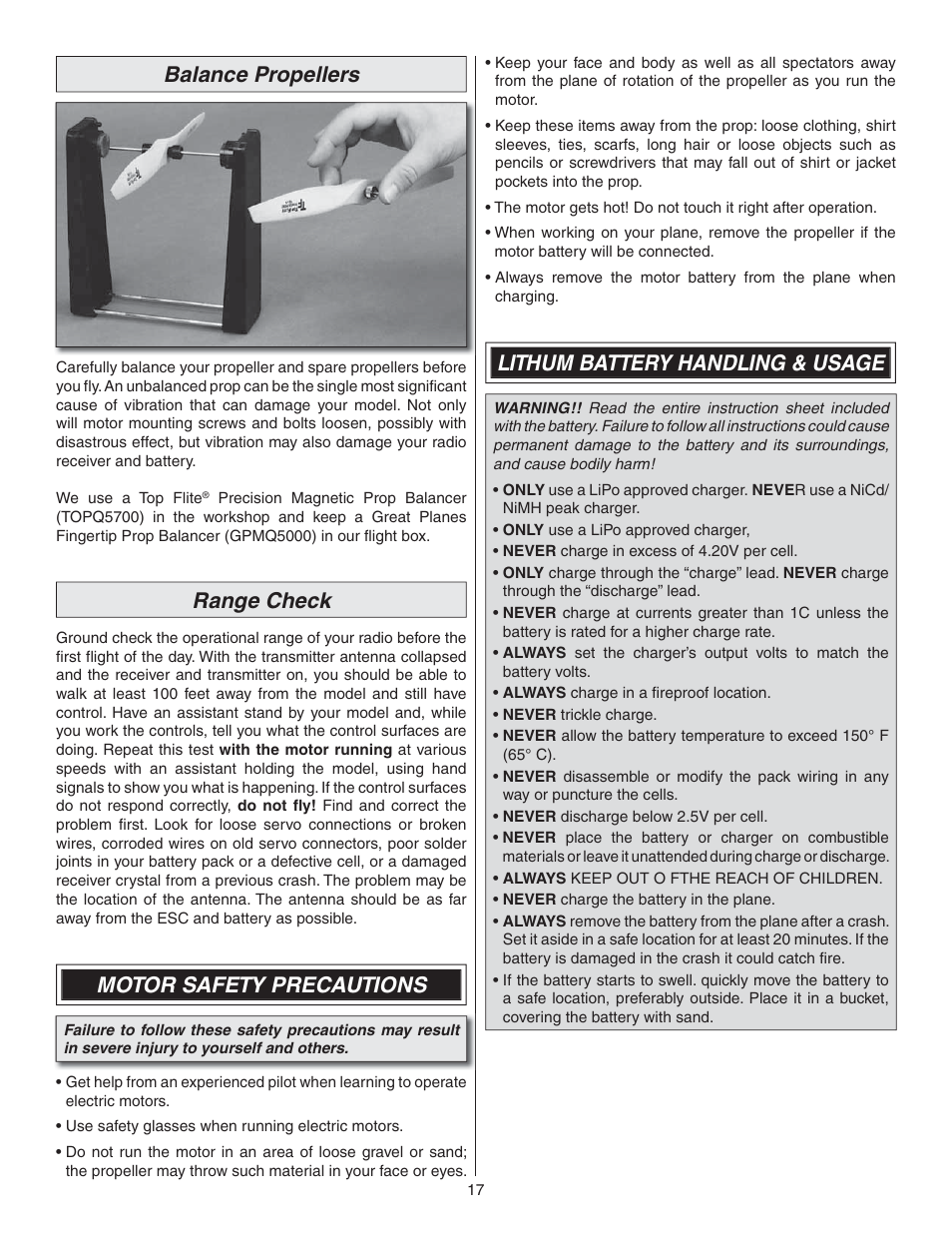 Balance propellers, Range check, Motor safety precautions | Lithum battery handling & usage | Great Planes Yak-55M EP ARF - GPMA1186 User Manual | Page 17 / 20