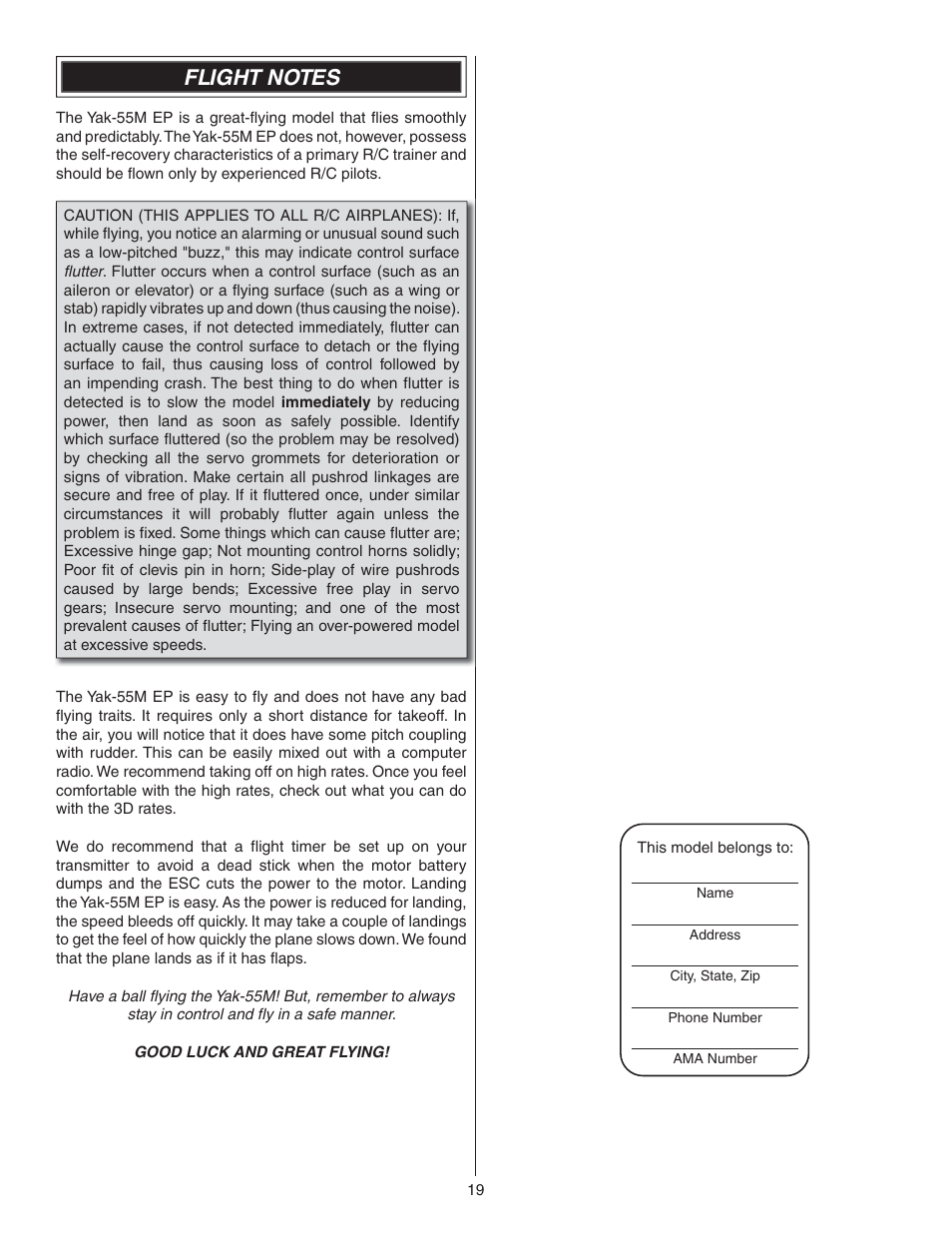 Great Planes Yak-55M EP ARF - GPMA1186 User Manual | Page 19 / 20