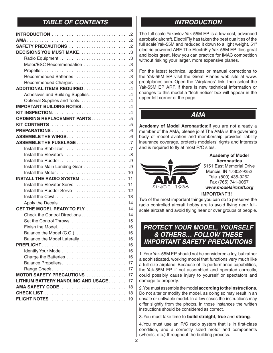Great Planes Yak-55M EP ARF - GPMA1186 User Manual | Page 2 / 20