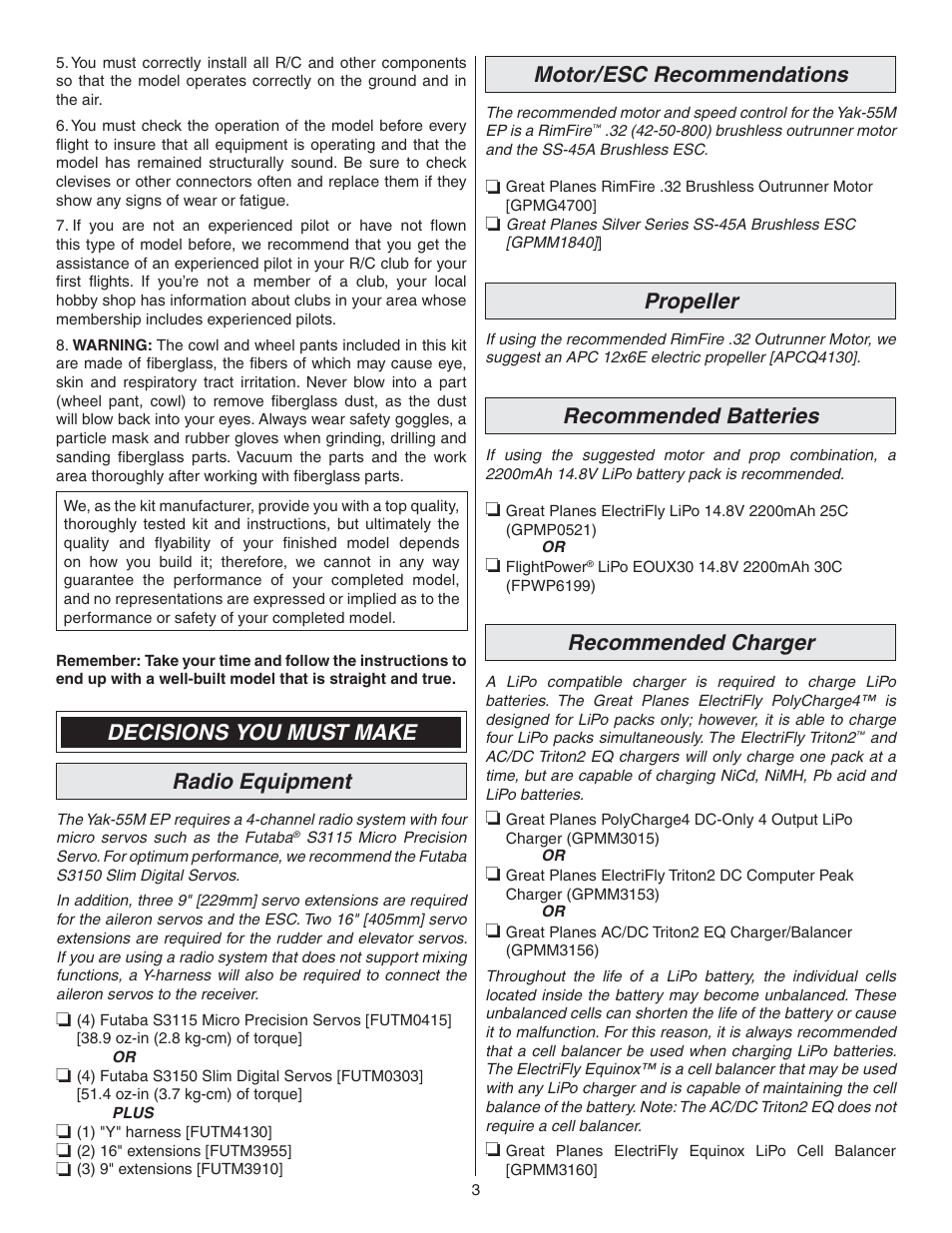 Decisions you must make radio equipment, Motor/esc recommendations, Propeller | Recommended batteries, Recommended charger | Great Planes Yak-55M EP ARF - GPMA1186 User Manual | Page 3 / 20