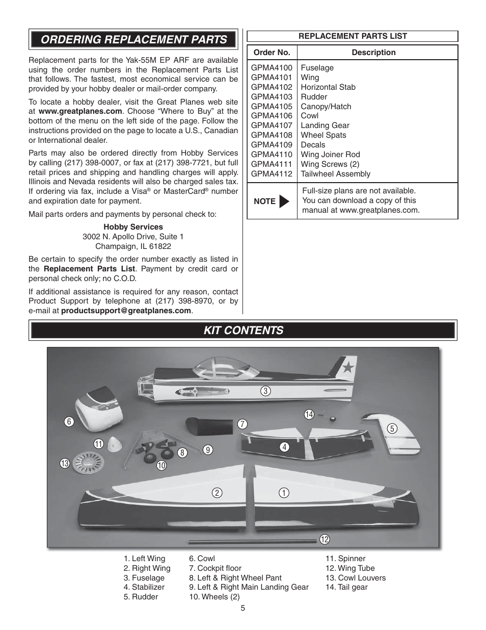 Ordering replacement parts, Kit contents | Great Planes Yak-55M EP ARF - GPMA1186 User Manual | Page 5 / 20