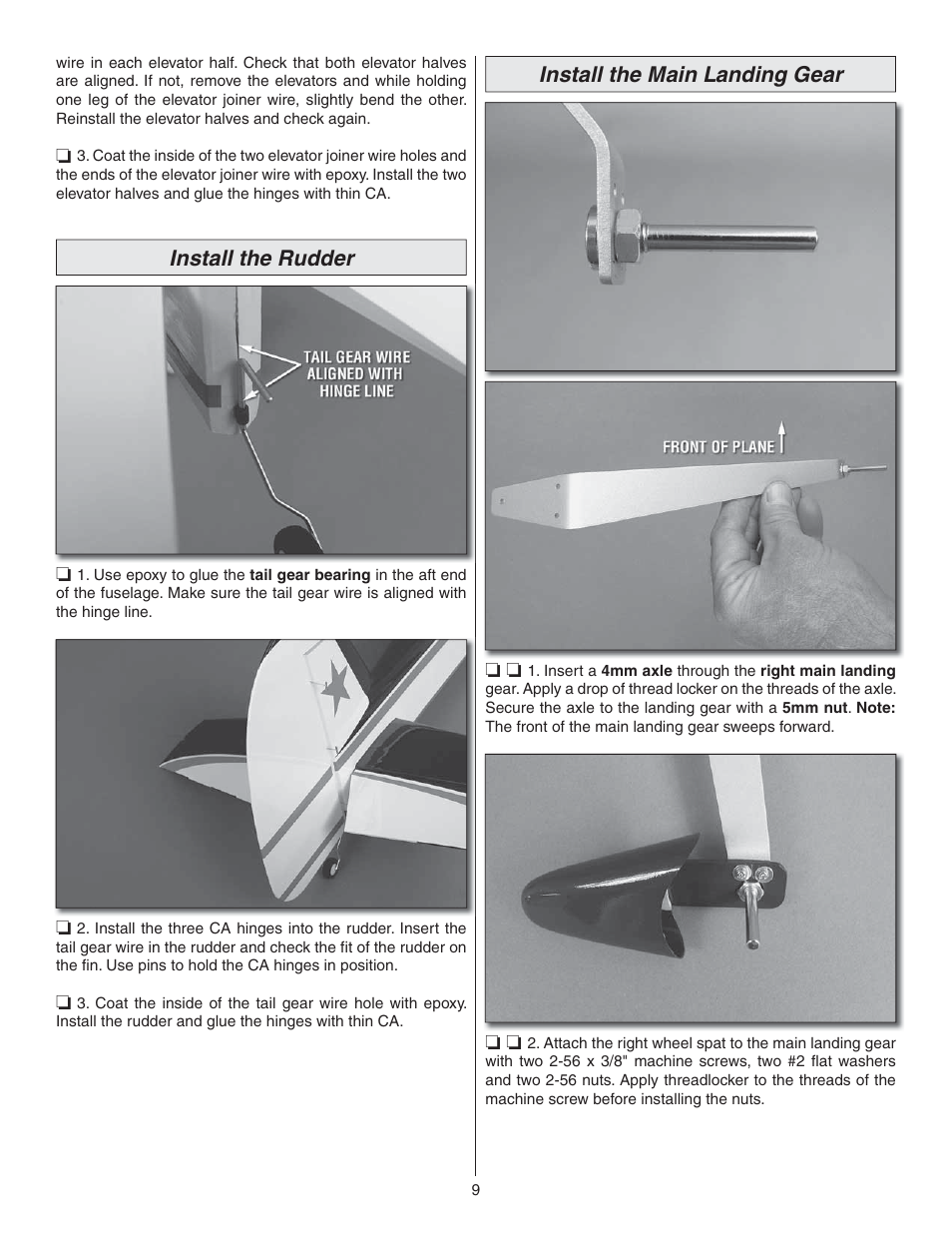 Install the rudder, Install the main landing gear | Great Planes Yak-55M EP ARF - GPMA1186 User Manual | Page 9 / 20