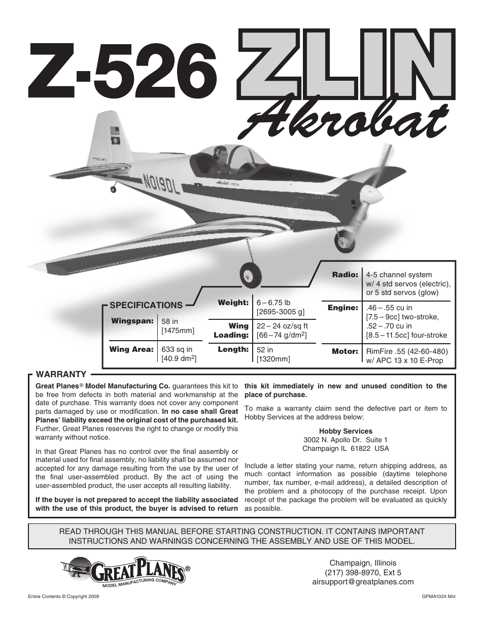 Great Planes Z526 Zlin Akrobat GP/EP ARF - GPMA1024 User Manual | 40 pages