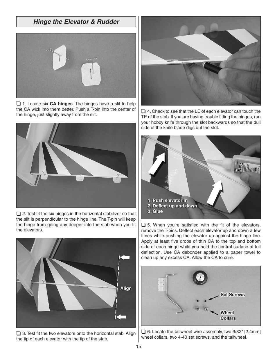 Hinge the elevator & rudder | Great Planes Z526 Zlin Akrobat GP/EP ARF - GPMA1024 User Manual | Page 15 / 40