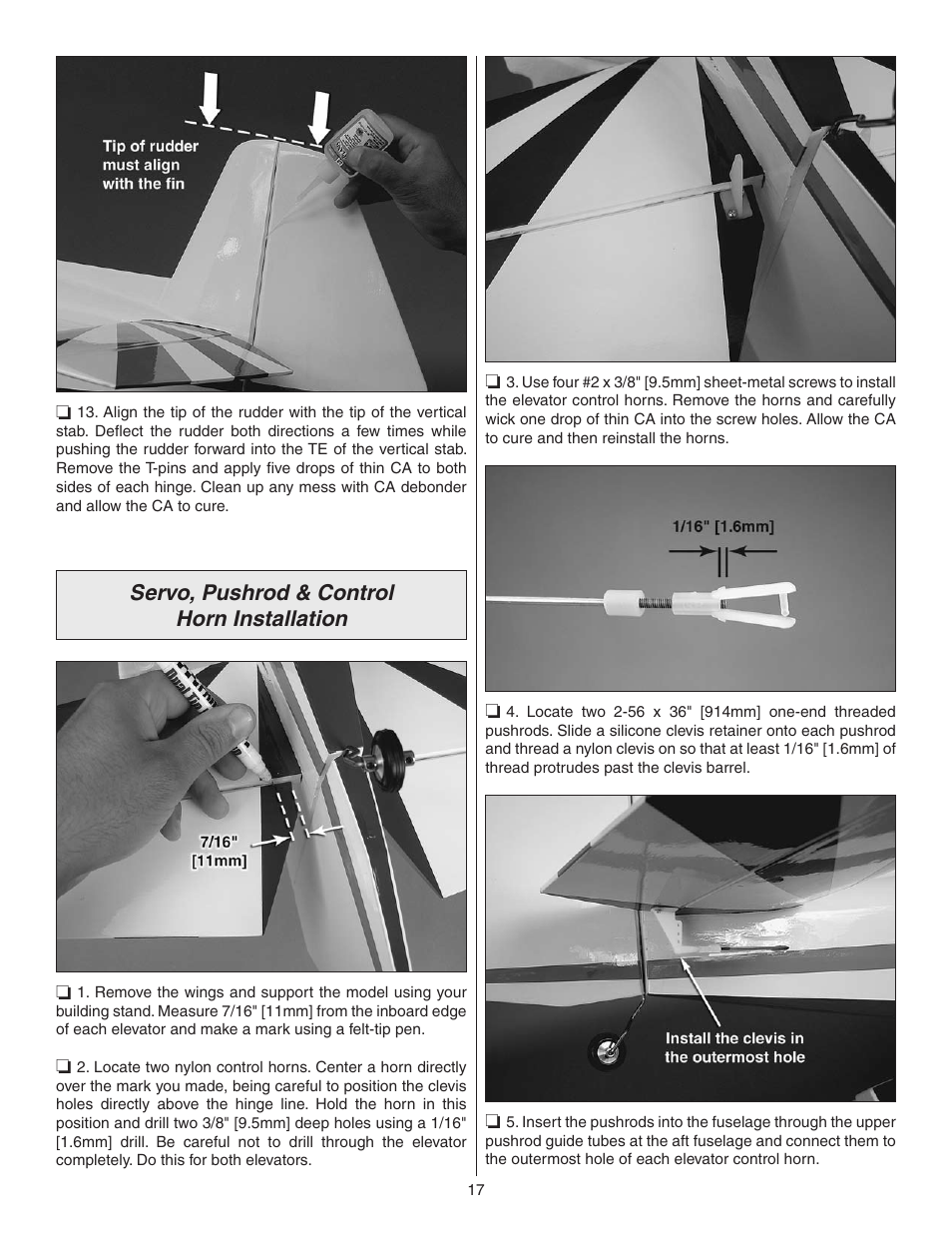 Servo, pushrod & control horn installation | Great Planes Z526 Zlin Akrobat GP/EP ARF - GPMA1024 User Manual | Page 17 / 40