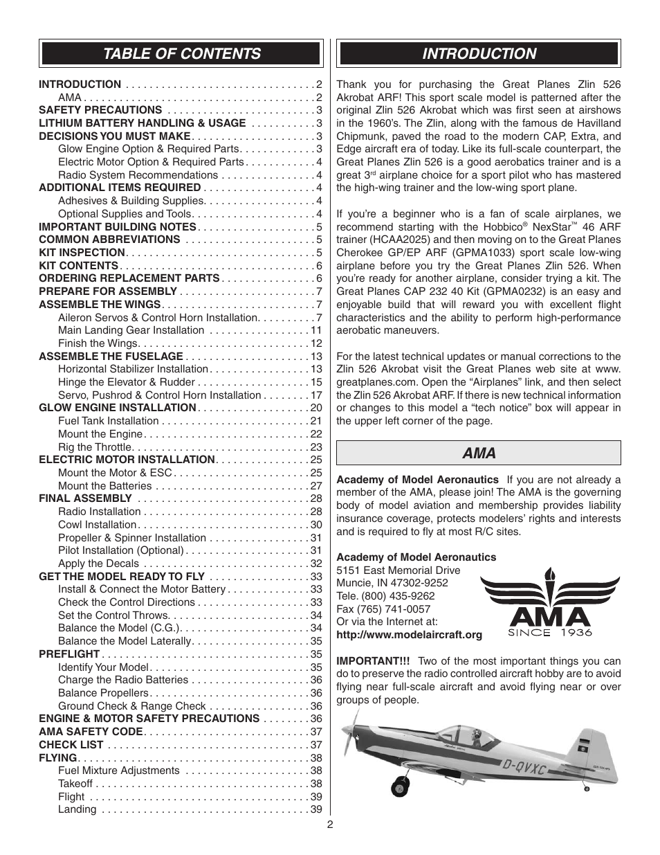 Great Planes Z526 Zlin Akrobat GP/EP ARF - GPMA1024 User Manual | Page 2 / 40