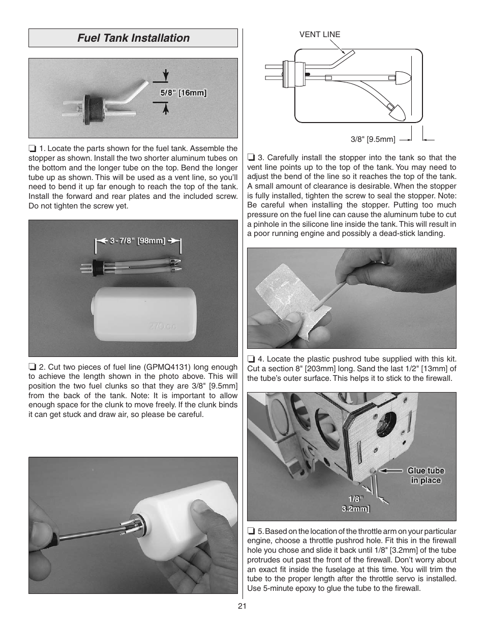 Fuel tank installation | Great Planes Z526 Zlin Akrobat GP/EP ARF - GPMA1024 User Manual | Page 21 / 40
