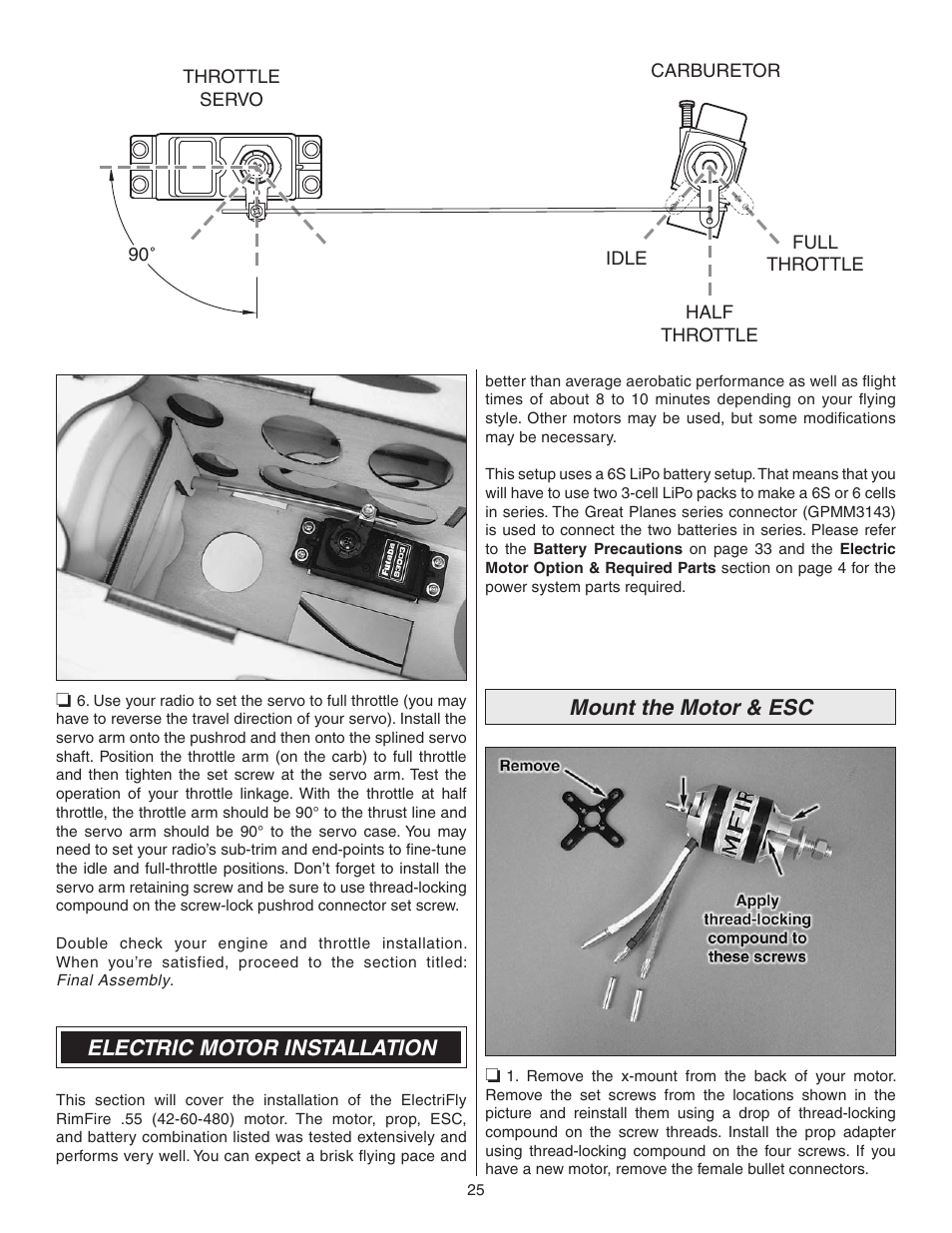 Electric motor installation, Mount the motor & esc | Great Planes Z526 Zlin Akrobat GP/EP ARF - GPMA1024 User Manual | Page 25 / 40
