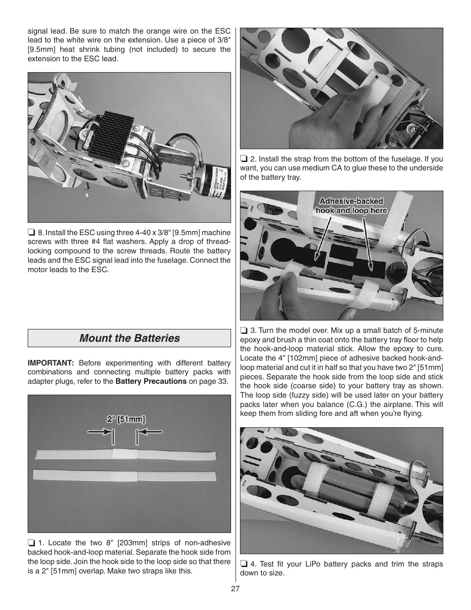 Mount the batteries | Great Planes Z526 Zlin Akrobat GP/EP ARF - GPMA1024 User Manual | Page 27 / 40